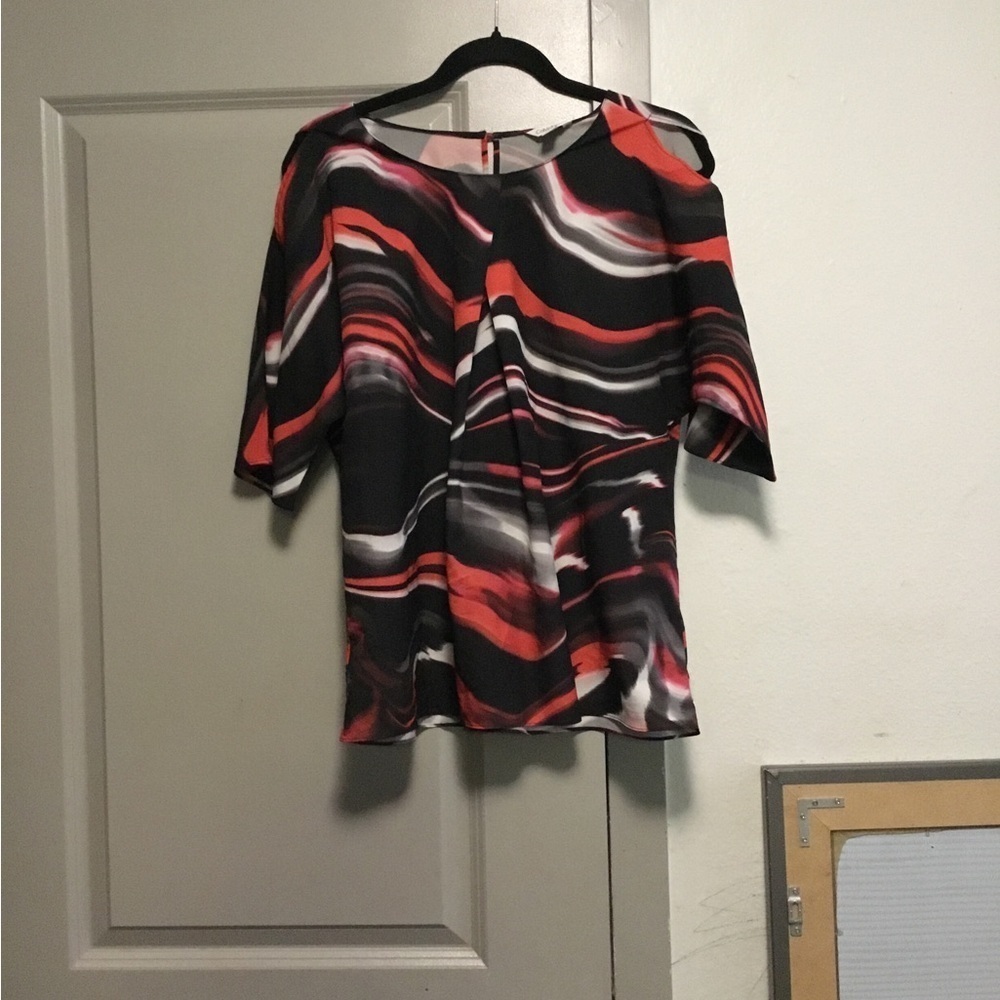 Calvin Klein Black and White Asymmetrical 3/4 Sleeve Blouse